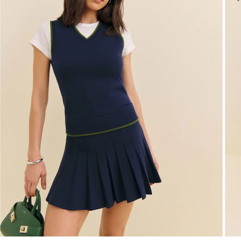 Reformation Navy and Green Mini Dress Blair Cotton Sweater Dress